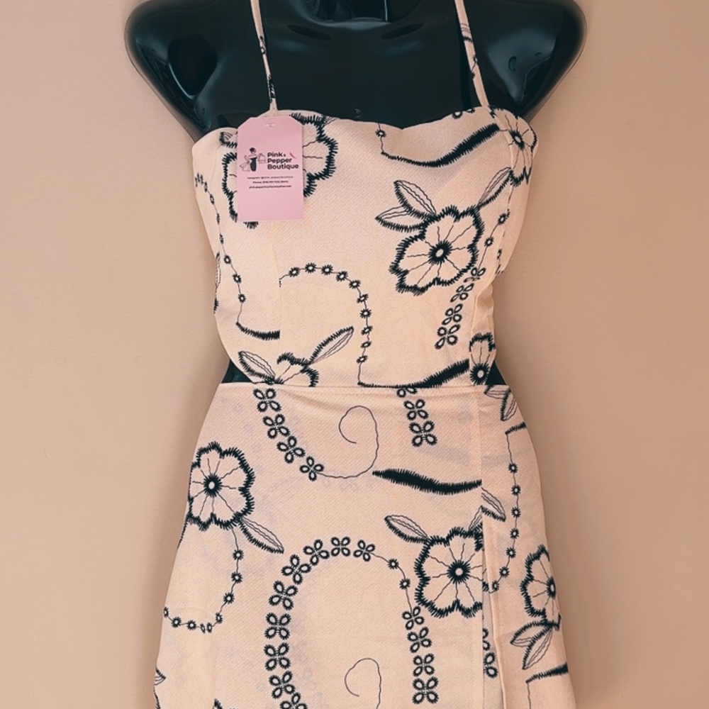 Floral Spaghetti-Strap Cream Dress with Black Embroidery